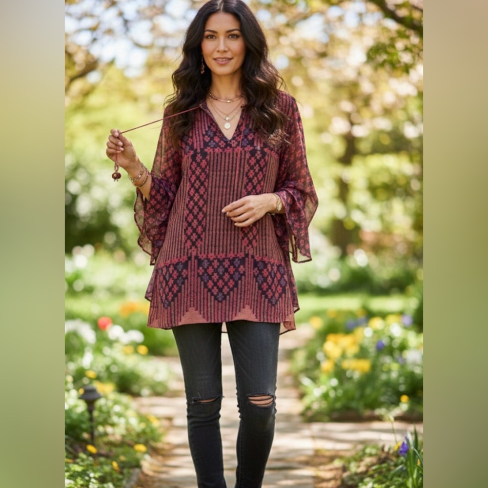 Soft Surroundings Boho Poncho Beaded L Bell Sleeves Light formal semi sheer